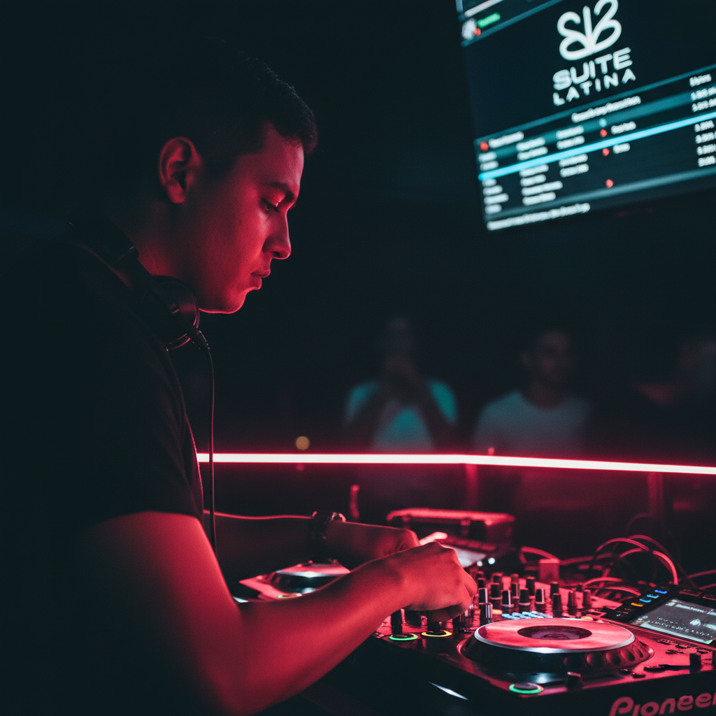 Foto del DJ Wilton en la cabina con iluminación roja