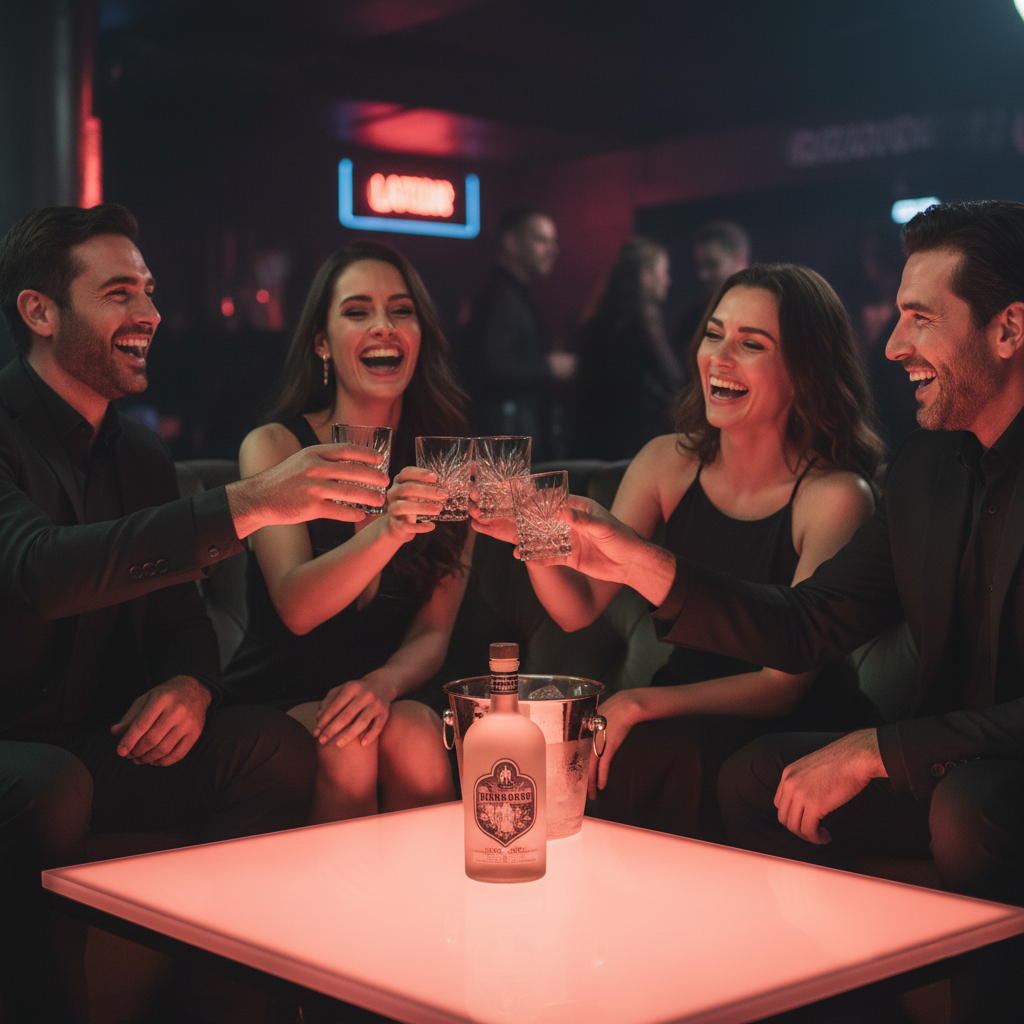 Foto de mesa VIP con botella y grupo brindando